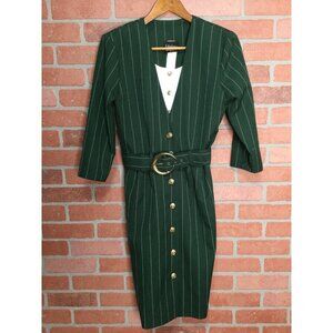 Vintage Career Dress Green Striped Size 4P Belted Sears Dead Stock